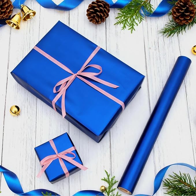 Blue Wrapping Paper, 30inch x 33ft Matte Metallic Blue Solid Color Gift Wrapping Paper Roll Perfect for Father's Day, Birthday Gifts, Christmas, Baby Shower, Wedding, Valentine's Day, DIY Invitations
