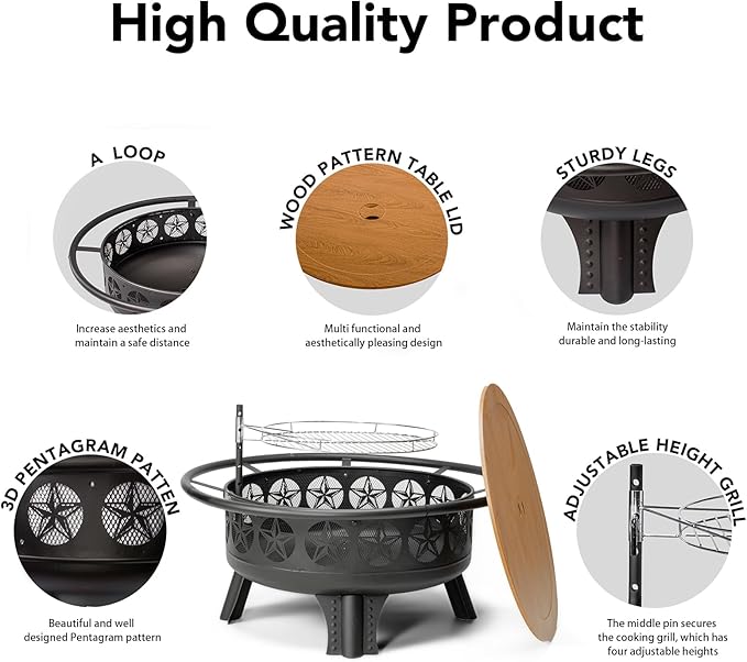 Verdeluxe 38” Wood Burning Fire Pits for Outside,3-in-1 Fire Pit with Grill, Spark Screen & Fire Poker,Outdoor Firepit Table with Swivel Cooking Grate for Yard BBQ Bonfire Patio Camping (38 inch)