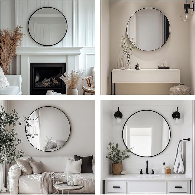 Oruii Round Mirror, Black Round Mirror 24 inch, Circle Wall Mirrors Metal Frame, Black Circular Mirrors for Bathroom, Wall, Living Room, Entryway, Hallway, Vanity, Rustic