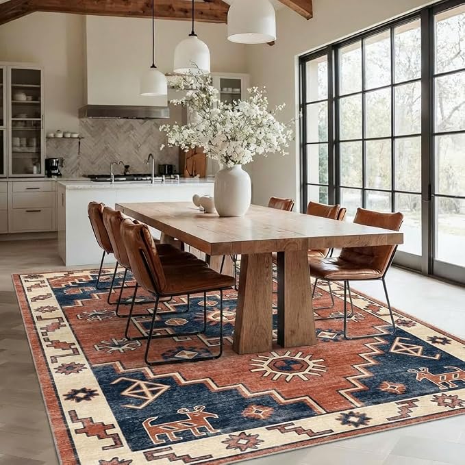 5x7 Area Rug Vintage Tribal Persian Rug with Non Slip Backing, Washable Low Pile Terracotta Red Navy Blue Carpet for Bedroom, Living Room, Dining Room, Home Office, Farmhouse