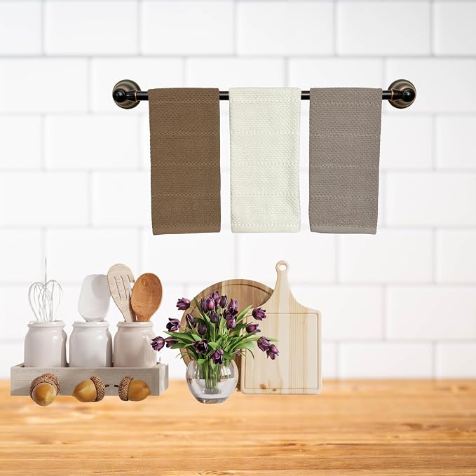 Beige White Brown Taupe Kitchen Hand Dish Towels: Oversized 28" x 18",100% Cotton Cloth Soft Cleaning Drying Absorbent Textured Design, Set of 3 Multipurpose for Everyday Use (Neutral Collection)