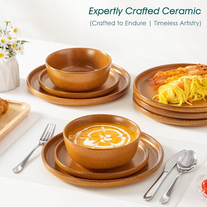 vancasso Plates and Bowls Sets, 18 Pieces Stoneware Dinnerware Set for 6, Ceramic Dish Set for Kitchen, Microwave and Dishwasher Safe, Caramel Yellow, Series ZERMATT