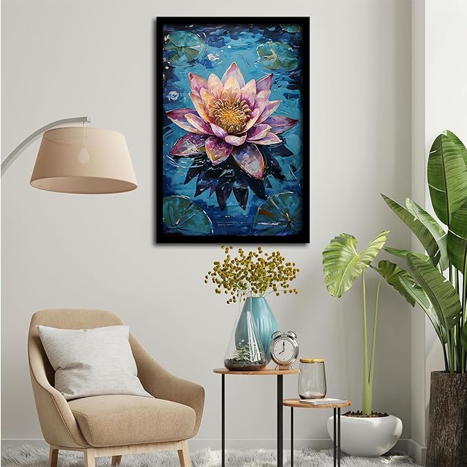 Gorgeous pink and purple water lilies on deep blue water Eye-catching oil painting Serene aquatic wall art for modern home decor 20x30in Metal blackFramed