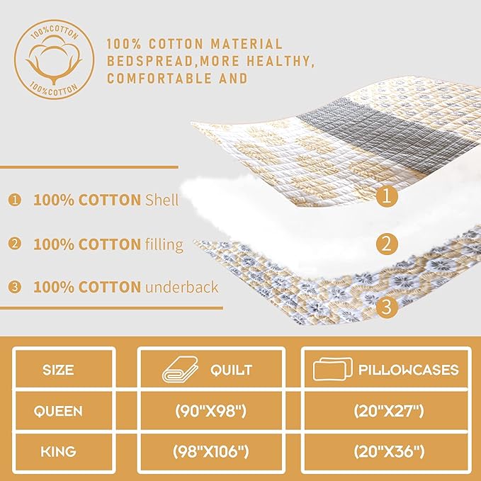 PANGUSHAN Twin Quilt Set,100% Cotton Patchwork Quilt Set Bedspread,Yellow Floral Quilt Bedding Set for Twin Bed,Gray(Grey)/Yellow/White Reversible Lightweight Comforter Bed Spread,2 Pieces