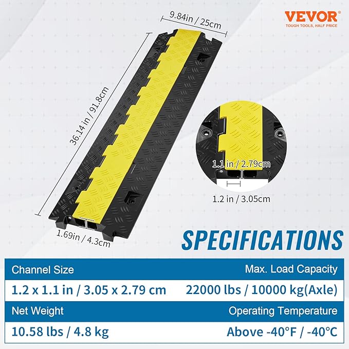 VEVOR Cable Protector Ramp, 2 Channel, 22000 lbs/axle Capacity Heavy Duty TPU Wire Cord Cover Ramp Hose Protector Driveway, Traffic Speed Bump w/TPR Flip-Open Top Cover, for Indoor & Outdoor