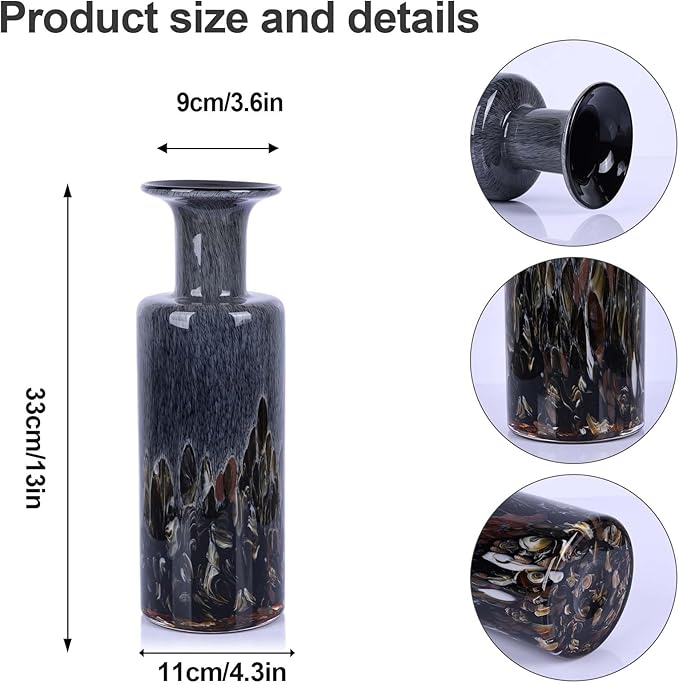 Hand Blown Glass Vase Smoke Gray – Murano Style Art Glass Vase with Wide Mouth for Flowers, Unique Bubble Vase, Modern Coastal Glass Decor for Dining Room, Coffee Table, Living Room Display(Gray)