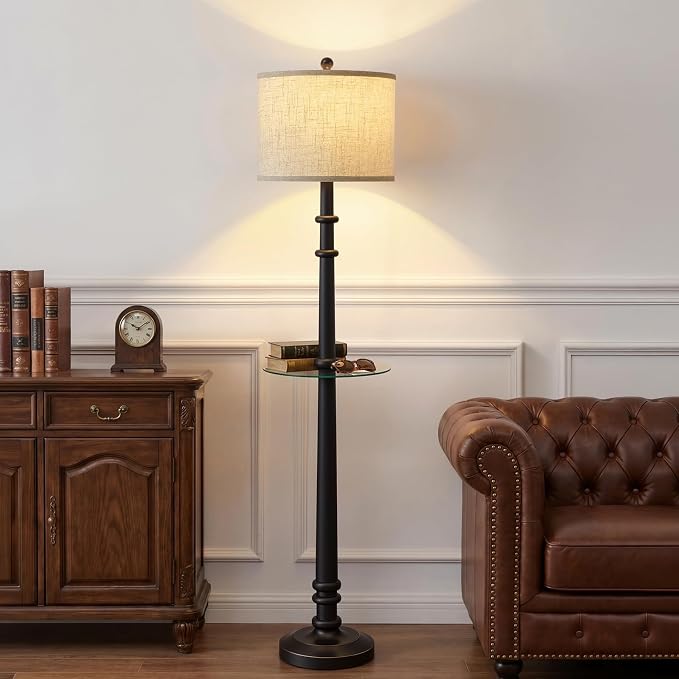 EJIAXIN Floor Lamp with Table - 60" Resin Farmhouse Floor Lamps for Living Room with Adjustable Color Temperatures - Vintage Standing Lamp Reading Light Retro Tall Lamp for Bedroom Office, Black