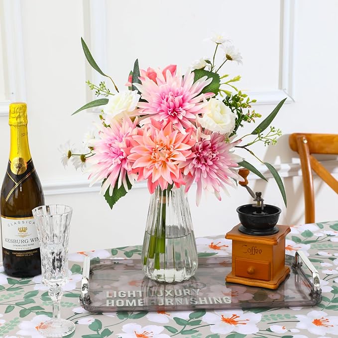 Artificial Flowers with Vase – Faux Silk Dahlia & White Roses Floral Arrangement, Elegant Fake Flower Bouquet for Wedding, Home Décor, Dining Table Centerpiece, Office, Farmhouse Decoration