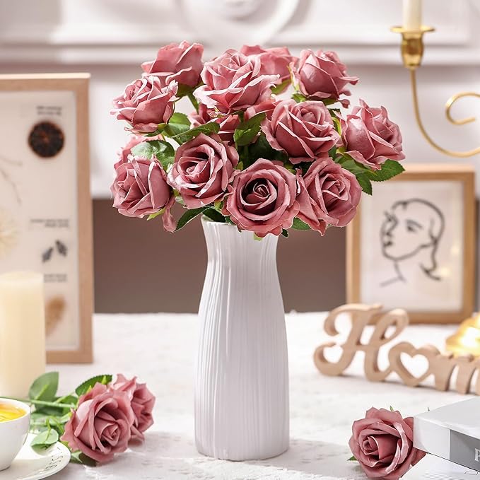 30 Pcs Rose Artificial Flowers in Bulk Real Touch Long Stem Silk Roses Bouquets Realistic Faux Flowers for Wedding Bridal Shower Home Decor Floral Arrangements Table Centerpiece(Dusty)
