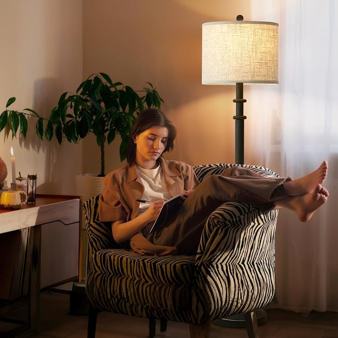 Floor Lamps for Living Room - 60" Resin Farmhouse Floor Lamp with Adjustable Color Temperatures - Vintage Standing Lamp Reading Light with Linen Shade Retro Tall Lamp for Bedroom Office, Black