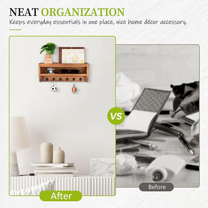 Nekon Key Holder Wall Mount, 12.8" W x 5.6" H x 3.7" D Wall Mounted Key and Mail Organizer with 6 Key Hooks, Key Racks for Home Entryway Decor (Brown)