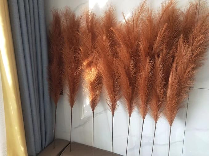 Premium Faux Pampas Grass Decor Tall & Fluffy, No Assembly Needed Long Pampas, Luxury Large Floral, Elegant Feather Flowers for Wedding Decorations (Faux Burnt Orange, 8pcs 43.3"(110cm))