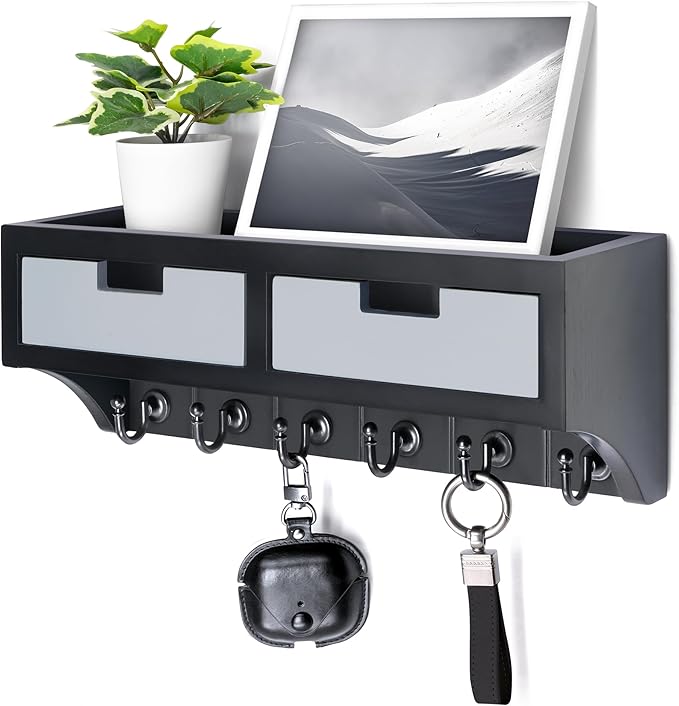 Rebee Vision Key Holder Wall Mount with 2 Organizer Drawers : Decorative Mail Organizer for Wall with 6 Key Hooks and Small Wall Shelf - Modern Aesthetic Room Decor (Black & Gray)
