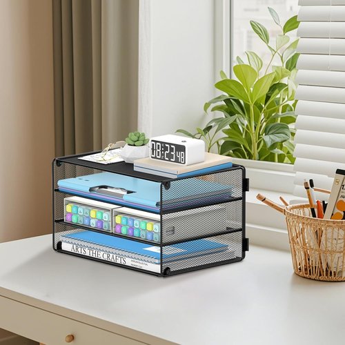 DALTACK 3-Tier Letter Tray - Mesh Metal Desk Organizer with Sliding Trays for A4 Paper & Mail | Black