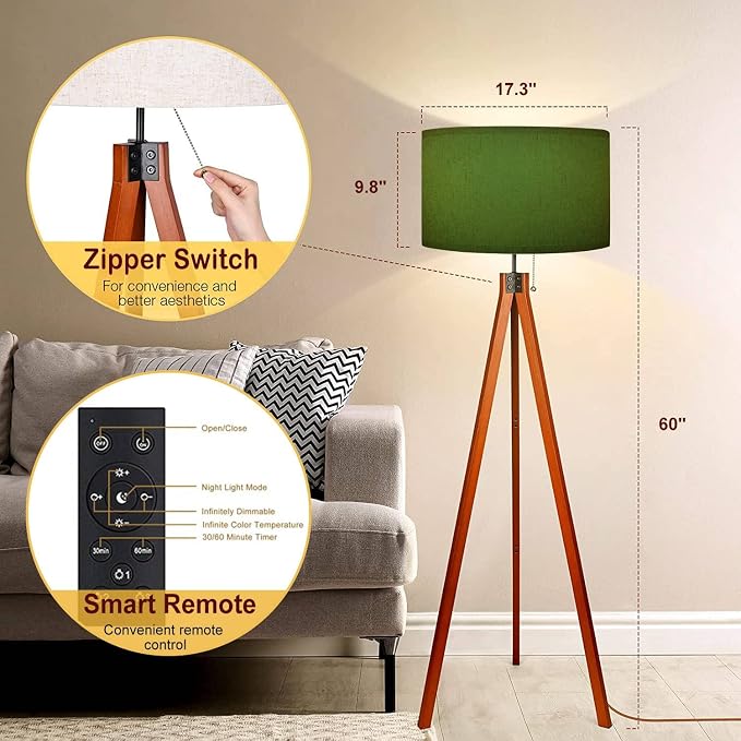 Wood Tripod Floor Lamp Olive Green Frosted Glass Modern Standing Lamp Linen Lampshade Dimmable Tall Lamp Mid Century Floor Lamp for Living Room Bedroom