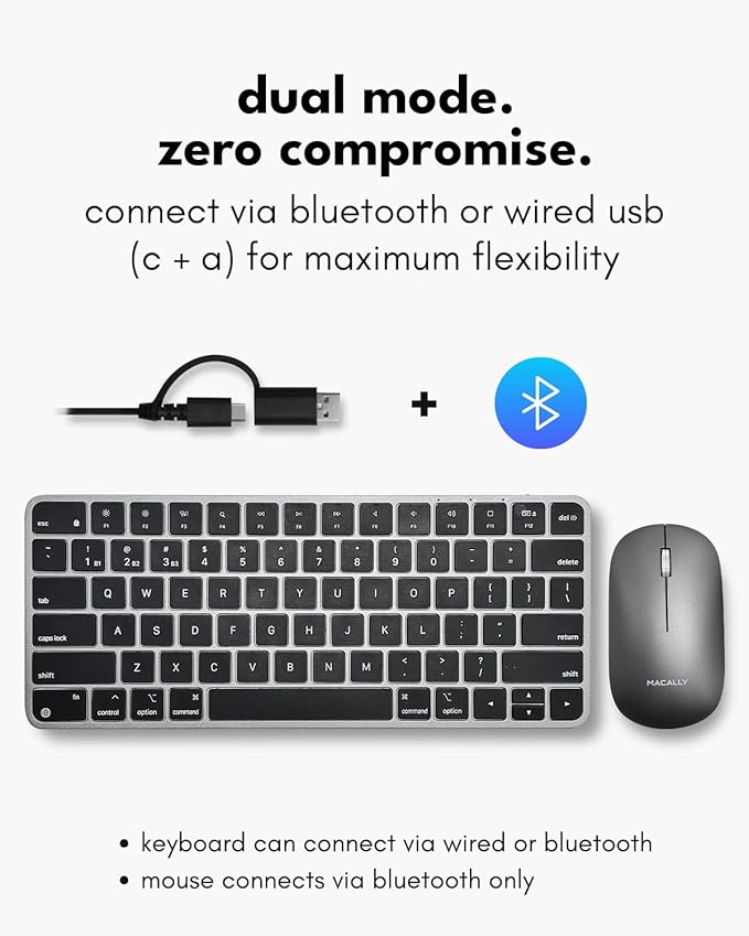 Macally Apple Wireless Keyboard and Mouse for Mac - Dual Mode (Bluetooth + Wired) - Multi-Device, Rechargeable - Mini Wireless Keyboard and Mouse Combo for MacBook, iPad, Mac Mini/Air/Pro (Space Gray)