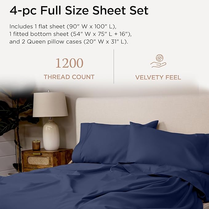Threadmill Luxury Full Size Sheets for Full Size Mattress, 1200 Thread Count Supima Cotton Sheet, 5-Star Hotel Quality 4 Piece Bed Sheets with Extra Deep Pocket, Folkstone Blue