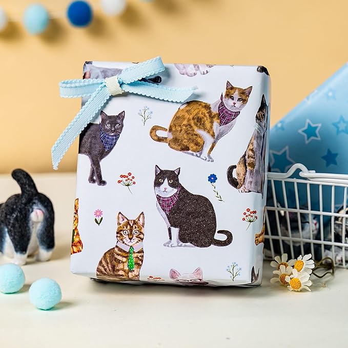 Burymento White Lovely Cat Wrapping Paper, Reversible Blue Star Gift Wrap for Birthday, Valentines, Mothers day, Graduation, Wedding, Fathers day, Baby Shower, Christmas (17in x 16.4ft)