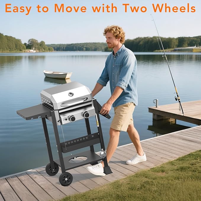 Electactic Propane Gas BBQ Grill 2-Burner Barbecue Grills with Cast Iron Frying Pan and Grates Combo, 16000 BTU Output Stainless Steel Grill for Outdoor Cooking, Patio, Backyard Party