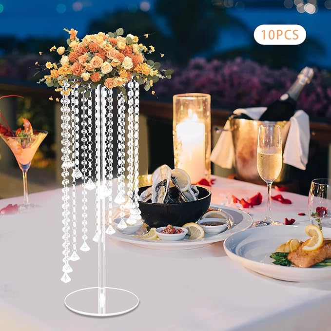 10 Pcs 23.6 Inch Acrylic Crystal Flower Stands, Tall Wedding Centerpieces for Tables with Crystal Chains, Clear Modern Flower Vase Stands for Party Event Home Hotel Decor