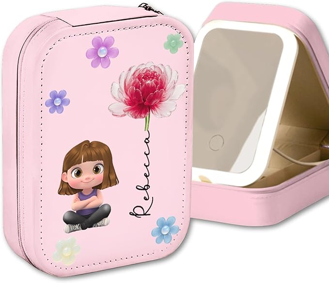 Wrappiness Girls & Women Lovely Makeup Box With LED Mirror - Personalized Jewelry Box Organizer Portable Ideal for Travel, Gift for Daughters Sisters Friends (Lovely Girl, Toddler Girls)
