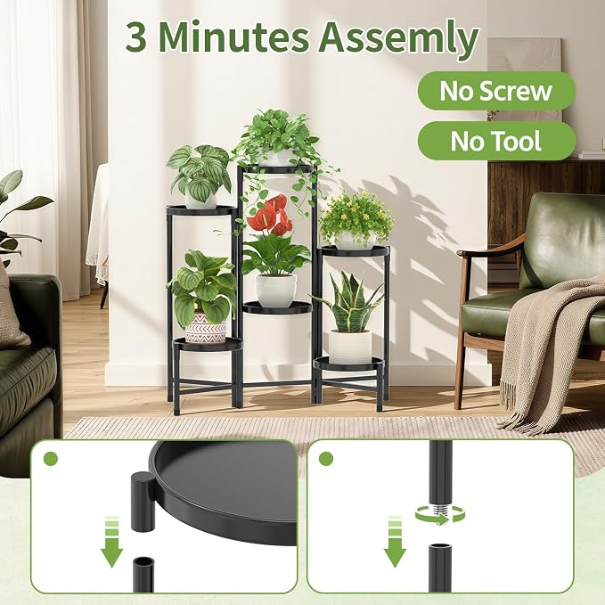 LASZOLA 6 Tier Large Plant Stand Indoor Tall with Grow Lights, Corner Folding Flower Display Rack with 10 Inch Metal Tray, Modern Plant Holder Shelf for Outdoor Patio Porch Garden Living Room, Black