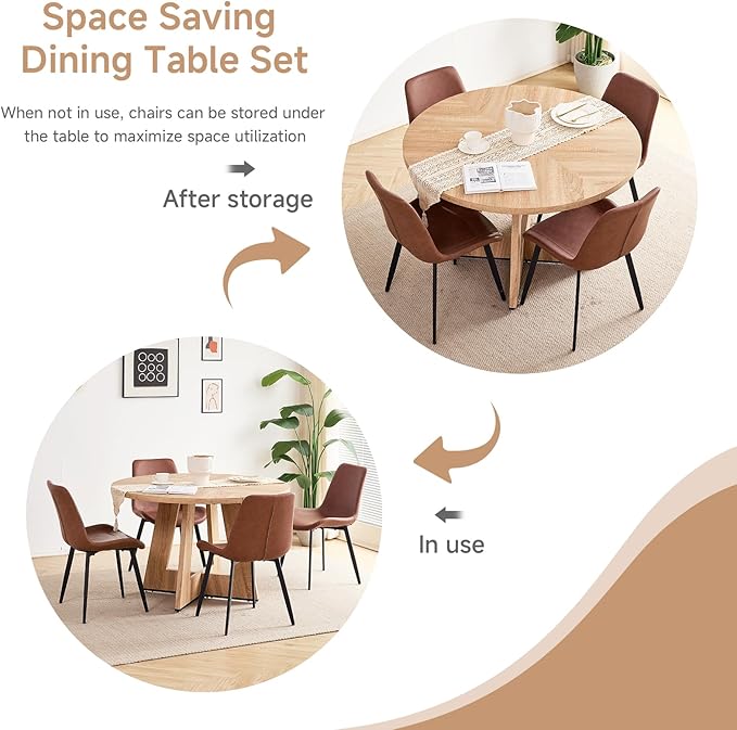 47 inch Round Dining Table Set for 4 with Chairs Kitchen Table and Chairs Set Mid-Century Modern Round Wood Kitchen Tables with Upholstered Synthetic Leather Chairs Set of 4