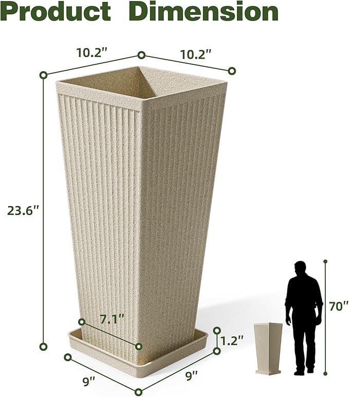 Square Tall Planters for Outdoor Plants Set of 2-23.6" Heavy-Duty Classic Tapered Indoor Flower Pots with Drainage Holes/Partition/Tray, Large Outdoor Planters for Porch Patio Garden, Beige