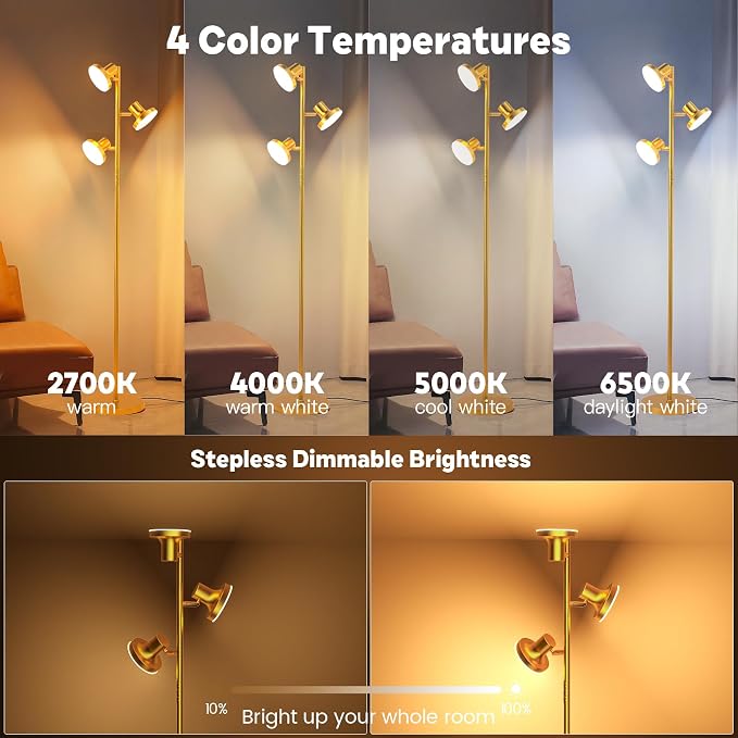 SIBRILLE 36W LED Tree Floor Lamp, Modern Dimmable Standing Lamp with Remote & Touch Control, 4 Color Temperatures, 3 Rotatable LED Light Floor Lamps for Living Room, Bedroom, Office