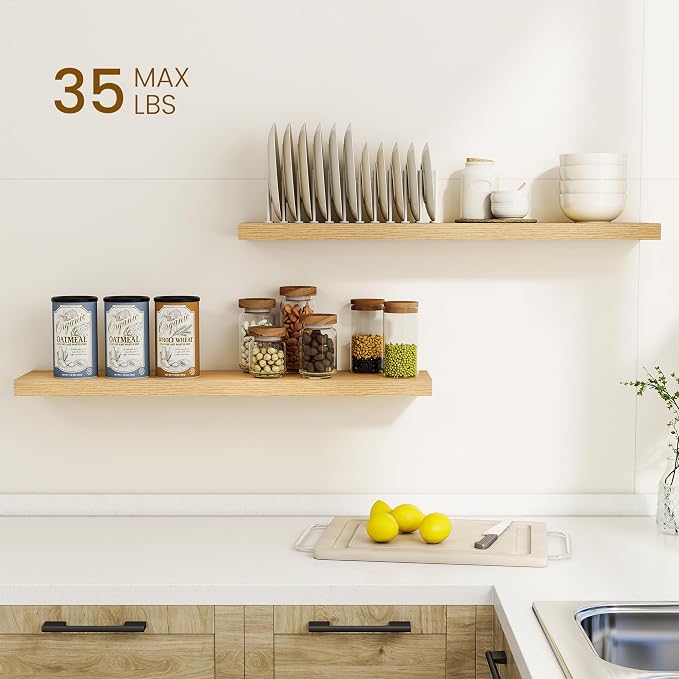 Dreamland 36Inch Floating Shelves for Wall, Rustic Wooden Floating Shelves for Bathroom|Bedroom|Kitchen, 2 Pack Deep Wall Mounted Book Shelf, Wood Storage Display Shelf for Home Decor, Oak