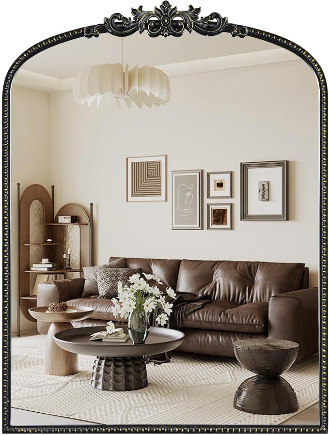 WallBeyond Black Vintage Mirror for Vanity 24x32 Inch, Black Antique Mirror with Ornate Frame, Arched Vintage Wall for Bathroom, Living Room, Fireplace, Entryway