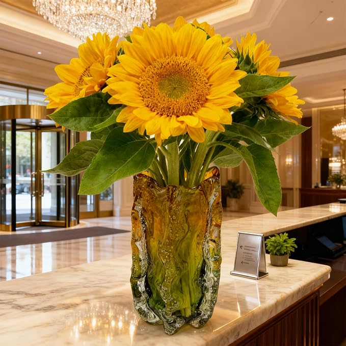 Blown Glass Bubble with Ruffled Edge Vase, Art Glass for Home Decor, Tall Vases for Centerpieces & Flowers, Crystal-Like for Bouquets & Pampas Grass, Vases Amber, Flower Bouquet Display (Yellow, L)
