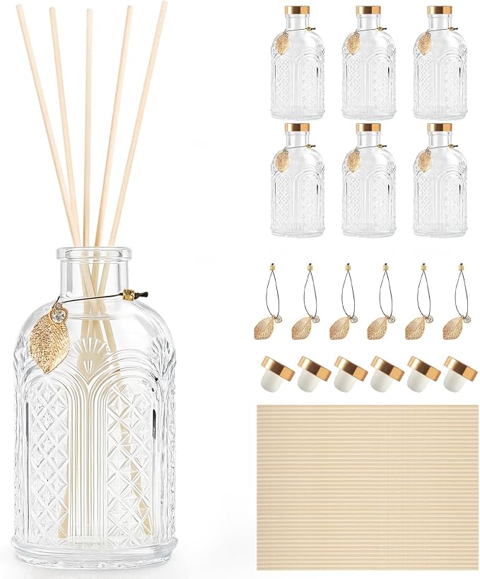Glass Reed Diffusers Bottles for Home, Diffuser Bottles with 40PCS Reed Diffuser Sticks, Vintage Embossed Apothecary Style Flower Bud Vases with Cork Lids, Set of 6