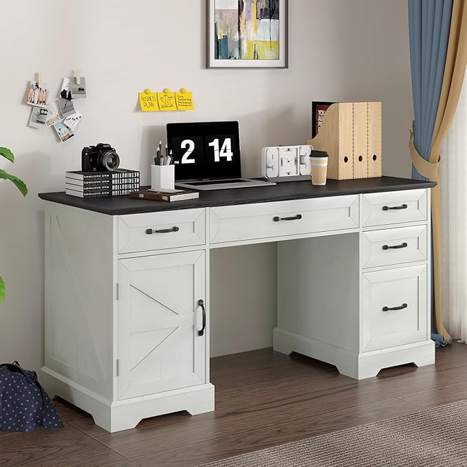 Executive Desk, Farmhouse Home Office Desk with Drawers and Storage Cabinet, Wood Computer Desk for Work and Study, Antique White (Style one)
