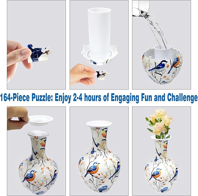 3D Puzzle Vase, 160 Curved Pieces DIY Flower Vase Craft Kit & 3D Puzzles for Adults, Creative Jigsaw Art Project Home Décor Centerpiece, for Women, Mom (White Birds & Blossoms)
