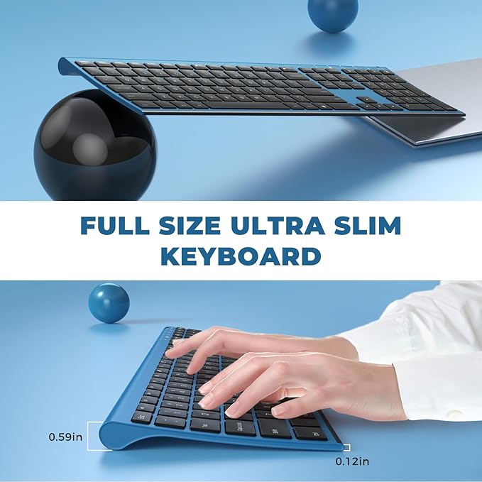 Wireless Keyboard and Mouse, Vssoplor 2.4GHz Rechargeable Quiet Full-Size Keyboard and Mouse Combo with Nano USB Receiver for Windows, Laptop, PC, Notebook-Black and Blue