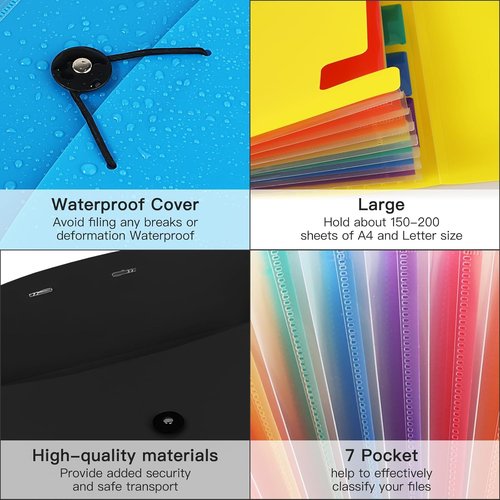 7 Pocket Accordion File Folder - Portable A4 Document Organizer in Black for Easy Storage