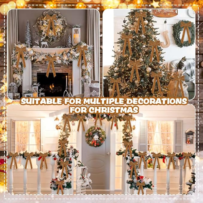 JOICEE 15Pcs Christmas Velvet Bows Ornament, 5 x 12 Inch Wreath Crafts Bows Christmas Tree Ribbon Bows for Xmas Holiday Home Party Garland Indoor Outdoor Decorations(Khaki)