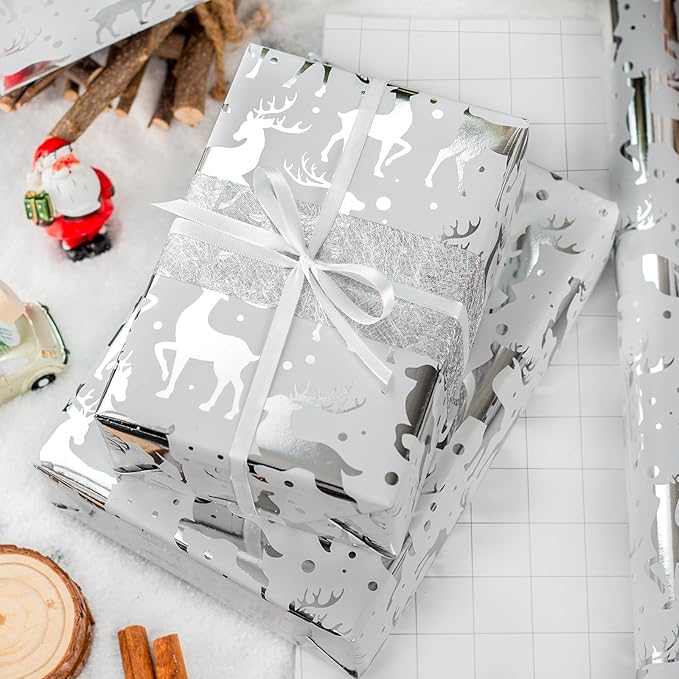 MAYPLUSS Reindeer Christmas Wrapping Paper Roll - 17 Inch X 33 Feet - Silver Metallic Foil Paper - Elegant Elk Christmas Seasonal Gift Wrap Paper for Winter, Holiday, Birthday, Party Decoration