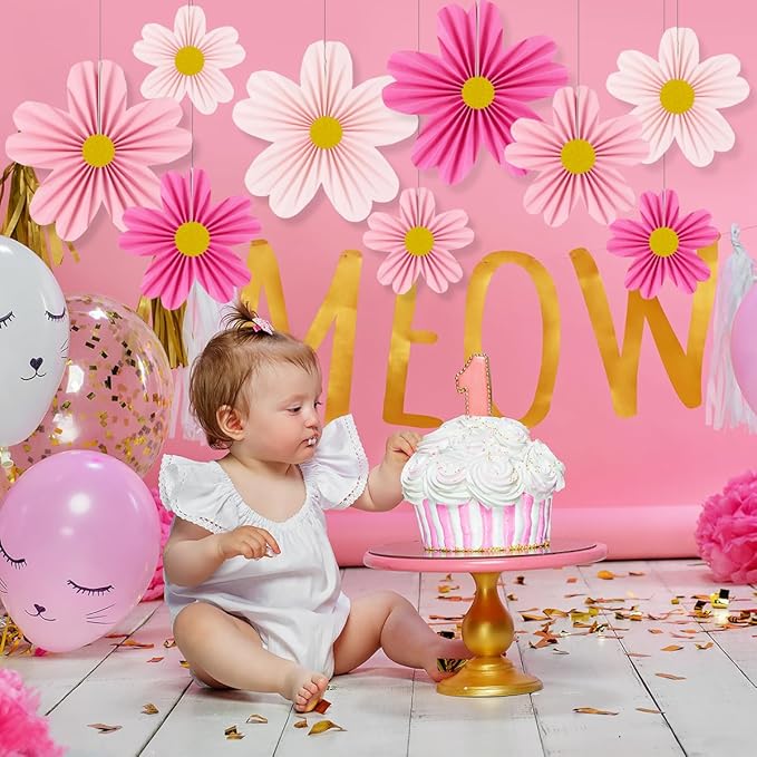 YUNXUAN Pink Party Decorations Paper Fan Paper Flowers Decorations for Wall Flower Backdrop Classroom Baby Shower Birthday Flower Wall Decor Pack of 9 Pink