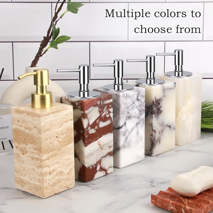 Natural Marble Soap Dispenser for Bathroom and Kitchen Countertop - 5.41 Ounces Hand Lotion and Liquid Stone Shampoo Laundry Bottle with Pump (1, Travertine, Rectangular Bottle)