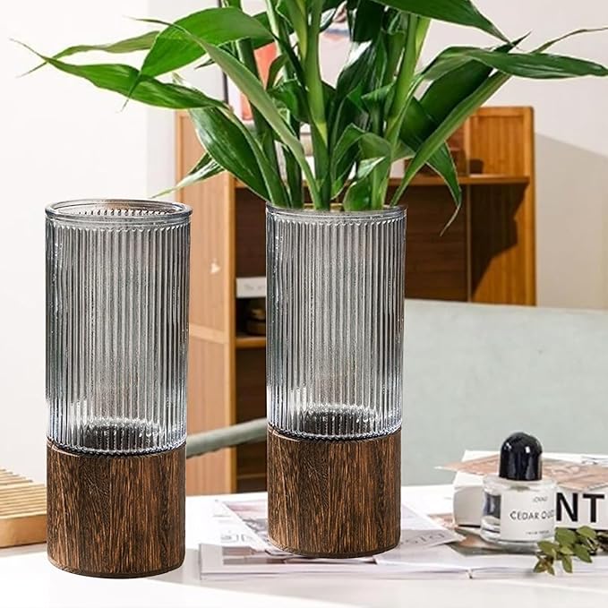 Wooden Vase, Glass Vase with Wooden Base Cylindrical Flower Vase, Classic Boho Rustic Style for Fireplace Bedroom Kitchen Living Room Centerpieces Office Desk, 10" H (Vertical Grain)