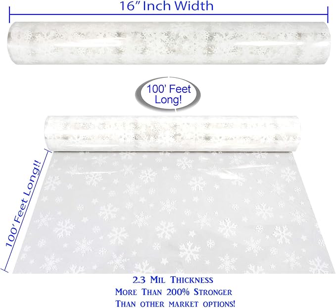 AnapoliZ Christmas Cellophane Wrap Roll | 100’ Ft. Long X 16” in. Wide | 2.3 Mil Thick Crystal Clear with Snowflakes| Gifts, Baskets, Treats, Cello Wrapping Paper | Xmas Snowflakes Holiday Design
