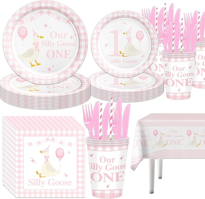 141pcs Silly Goose Birthday Party Decoration Pink Bow Silly Goose Baby Shower Decor Funny Table Gift for girls 1st Birthday Baby Shower Plates Cups Napkins Forks Knives Straws,Suitable for 20 Guests