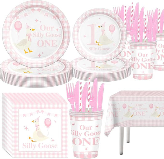 141pcs Silly Goose Birthday Party Decoration Pink Bow Silly Goose Baby Shower Decor Funny Table Gift for girls 1st Birthday Baby Shower Plates Cups Napkins Forks Knives Straws,Suitable for 20 Guests