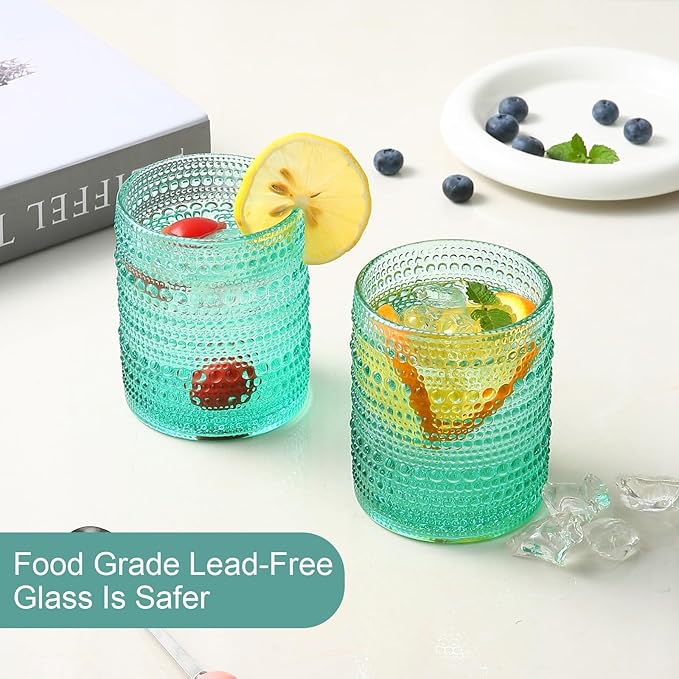 ZMOWIPDL Vintage Glassware Drinking Glasses Set of 6,12 oz Hobnail Glass Cups,Embossed Lake Blue Water Tumbler,for Beer,Cocktail,Whiskey,Juice and Various Mixed Drinks- 1 Cleaning Brush