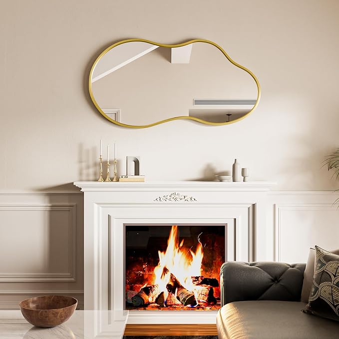 20”x 36” Gold Irregular Wall Mirror, Bathroom Asymmetrical Mirror, Metal Framed, Tempered Glass, Decorative Mirrors for Bathroom Bedroom Living Room Entryway (Horizontal/Vertical)