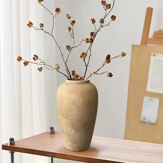 12 Inch Farmhouse Decor Ceramic Rustic Vase,Beige Handmade Flower Vases for Centerpieces,Pottery Vase for Living Room,Kitchen & Bedroom Decor,Vintage Ceramic Vases for Wedding