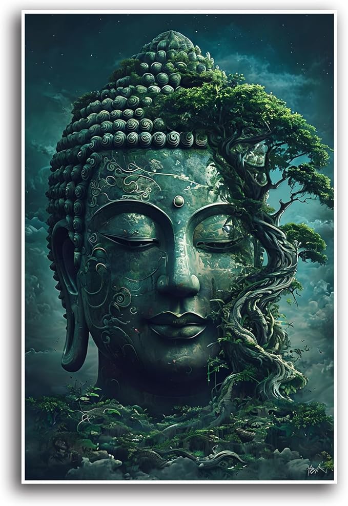 Buddha statue wall art canvas wall decor aesthetic picture mystical nature art for tranquil home and spiritual space 20x30in Frameless
