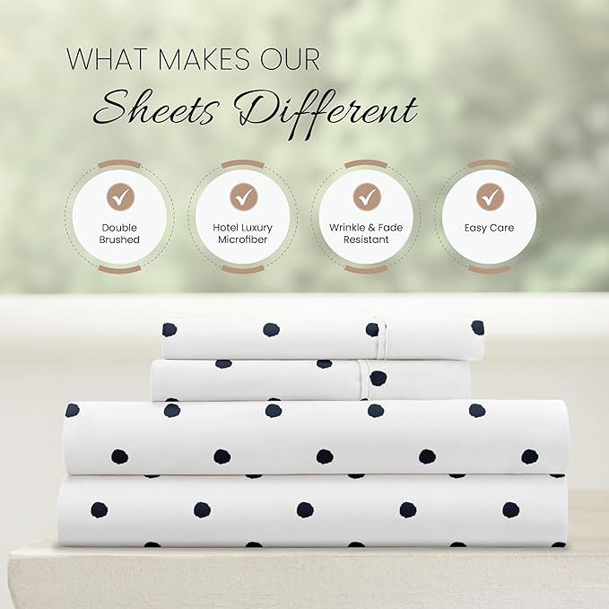 Linen Market 4 Piece Queen Sheet Set - Breathable, Double-Brushed Patterned Cooling Sheets – Oeko-TEX Certified Ultra Soft & Wrinkle-Free 16" Deep-Pocket Queen Sheets - Easy Care Dots Navy